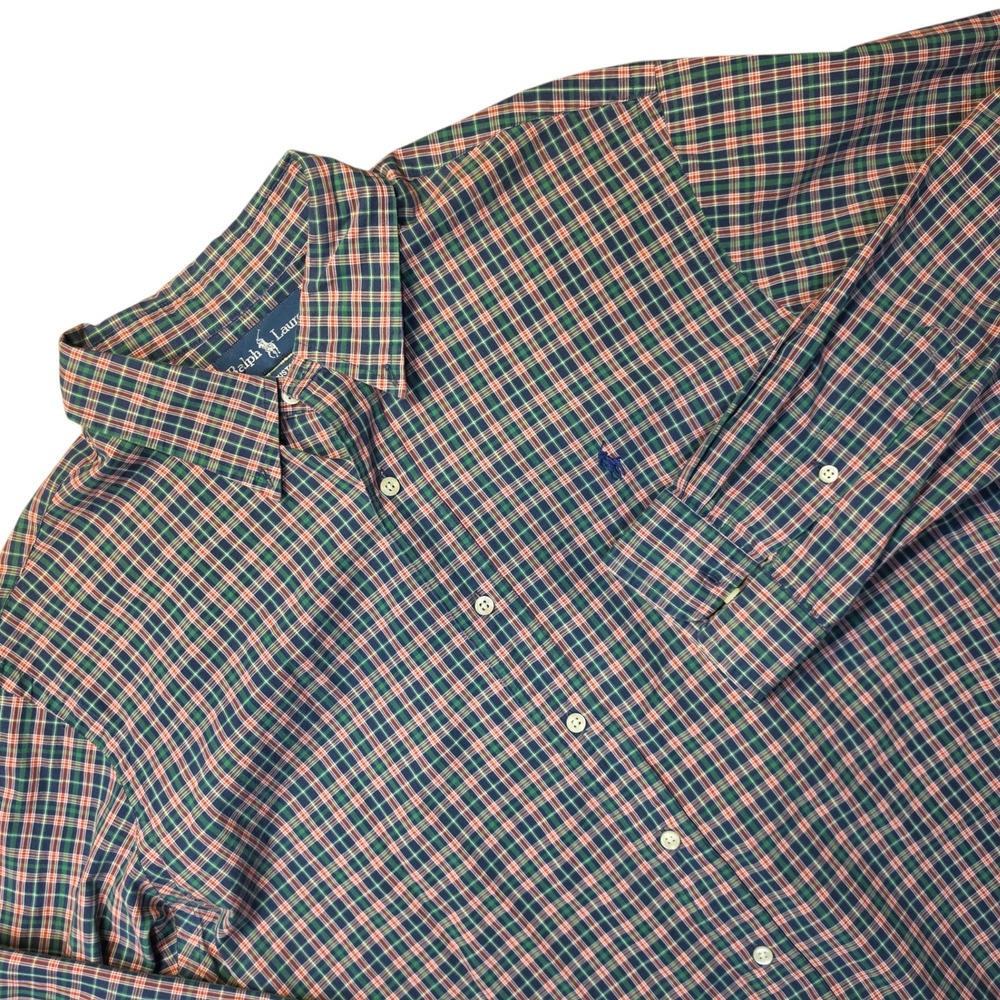 Ralph Lauren Y2K 90s Custom Fit Plaid Button Down Shirt XL Green Red Long Sleeve